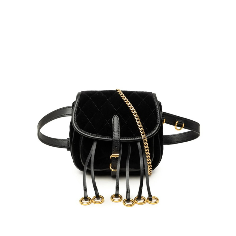 Prada Chain Shoulder Bag/Waist Bag 2-Way 1BD050 Black Gold Velour Leather Wom...